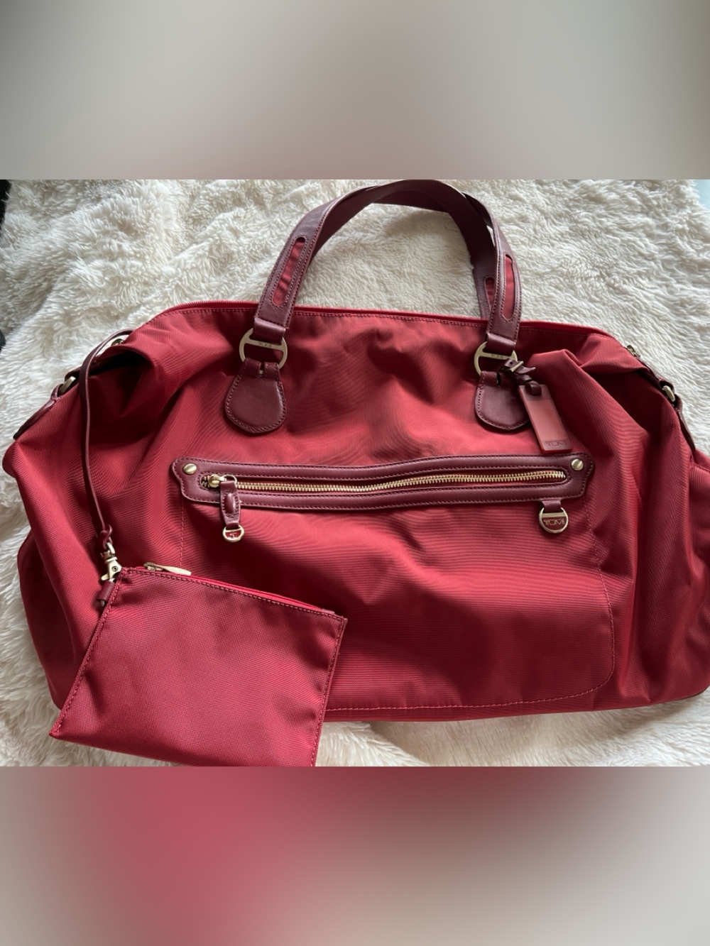 Tumi Red Travel Tote with Front Zip Pocket and Removable Pouch